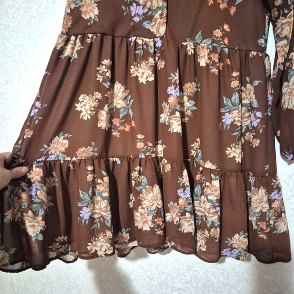 American Eagle Outfitters Brown Cream Tiered Long Sleeve Dress..SIZE:M - Picture 6 of 14
